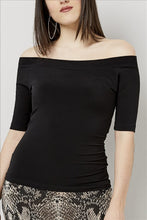 Load image into Gallery viewer, Love Kiki (Bridget) - Fitted black Jersey knit, off the shoulder top with a 3/4 sleeve. Front view.