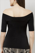 Load image into Gallery viewer, Love Kiki (Bridget) - Fitted black Jersey knit, off the shoulder top with a 3/4 sleeve. Rear view