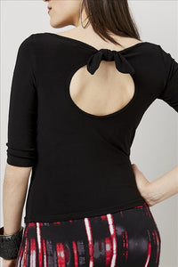 Love Kiki (Katya) - Black fitted Jersey knit, 3/4 sleeve, with peephole tie. Rear View