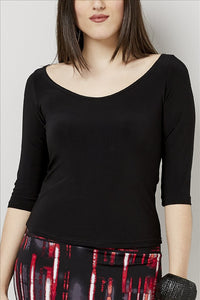 Love Kiki (Katya) - Black fitted Jersey knit, 3/4 sleeve, with peephole tie. Front View